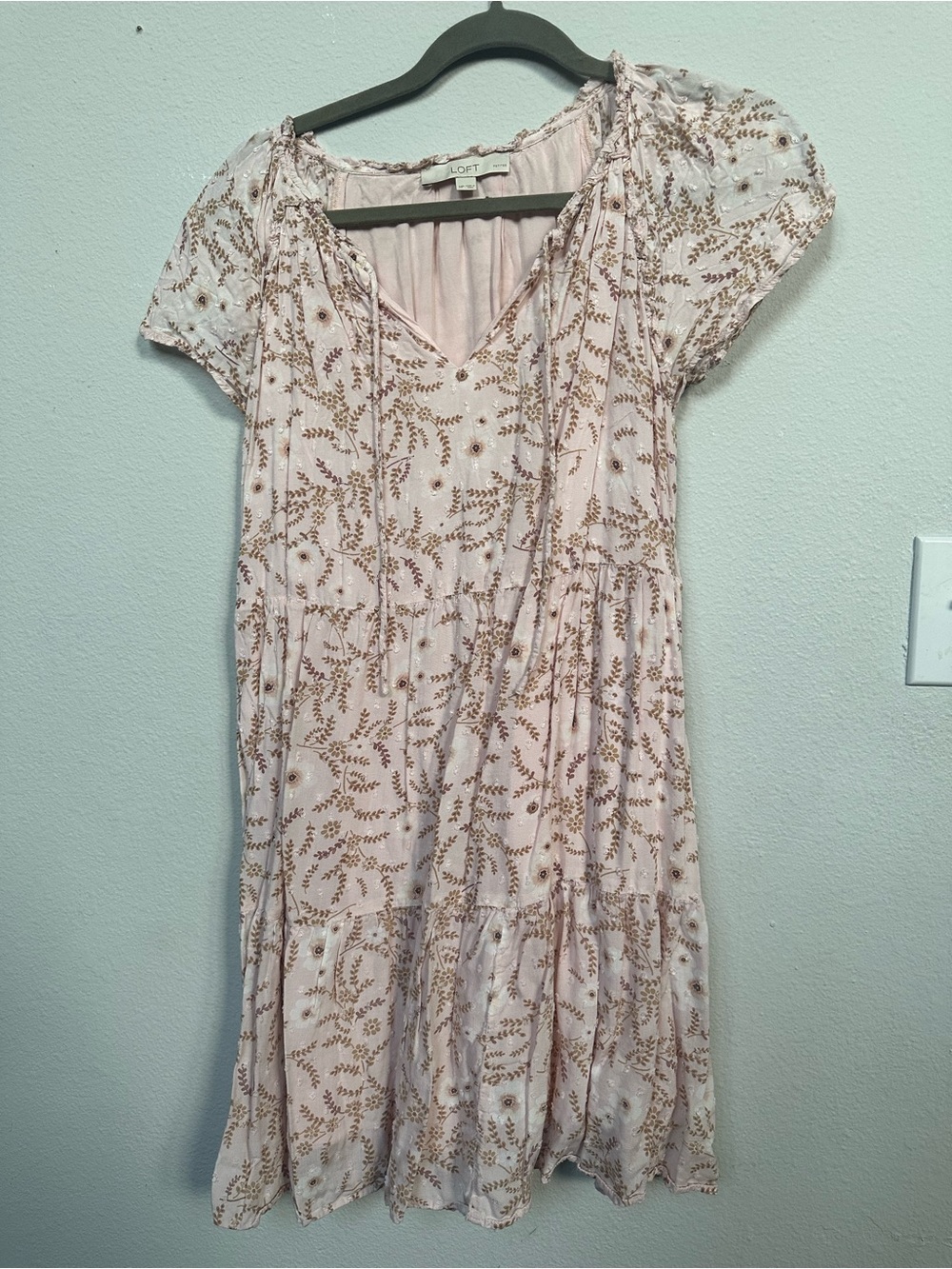 LOFT Blush Pink Floral V-Neck Tiered Mini Dress